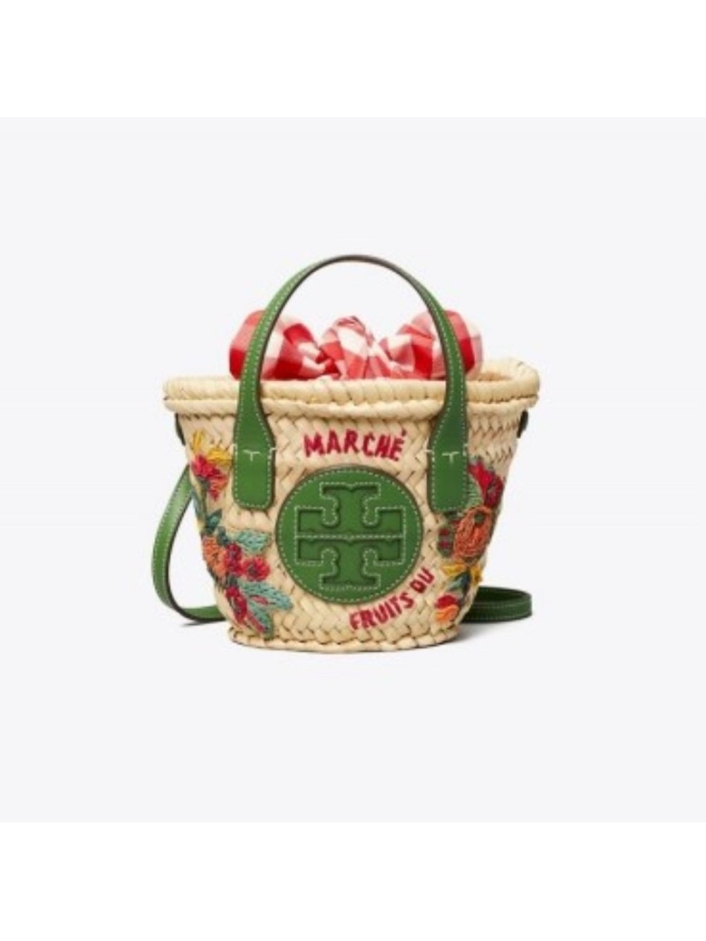 Tory Burch Green Trim Embroidered Woven Straw Tote with Red Gingham Accent